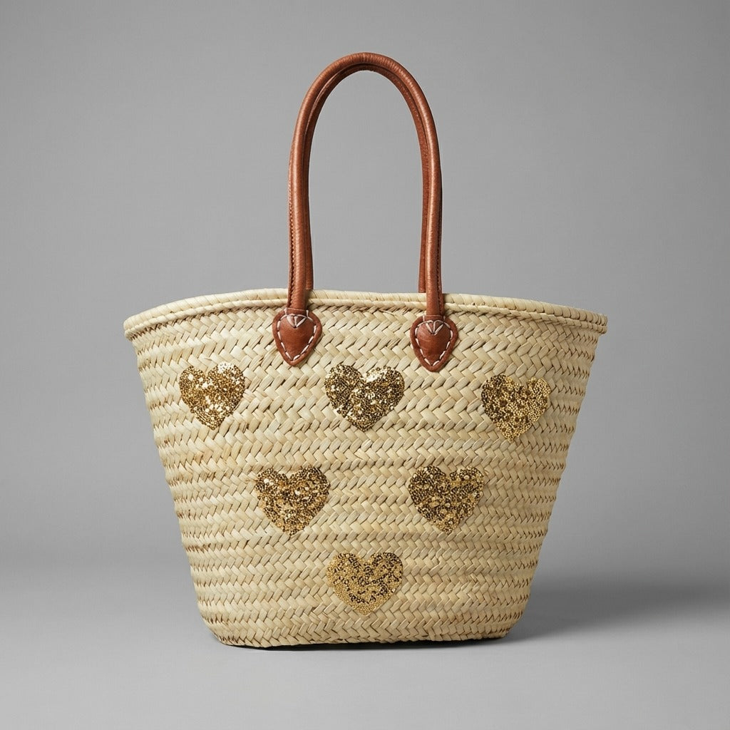 Gold Sequin Heart Straw Market Basket French Tote Bag