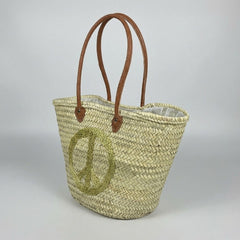 Sequin Peace Sign Straw Market Tote Bag Leather Handles