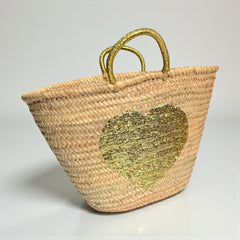 Sequin Heart Straw Beach Tote | Glamorous Glitter Handle Summer Bag