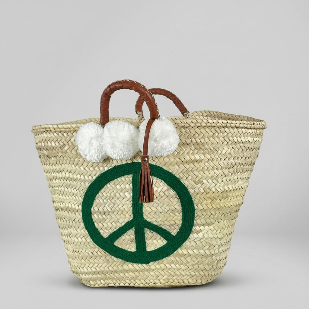 Woven Straw Peace Sign Tote Bag Green Leather Handle
