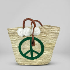 Woven Straw Peace Sign Tote Bag Green Leather Handle