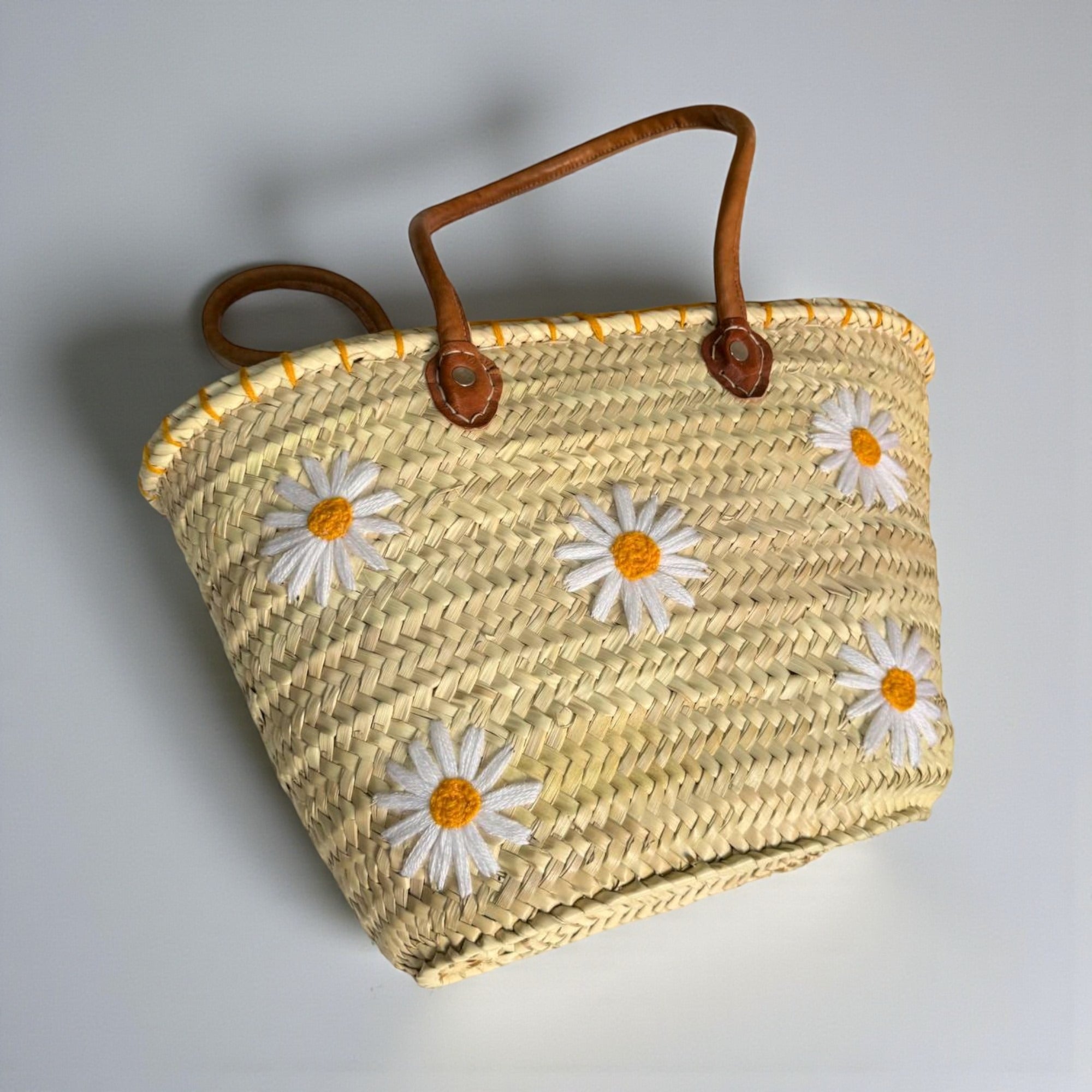 Daisy Embroidered Straw Beach Bag - Summer Woven Tote