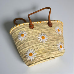 Daisy Embroidered Straw Beach Bag - Summer Woven Tote