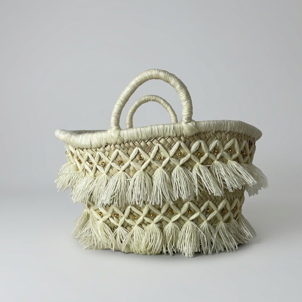 Woven Straw Tote Bag Macrame Fringe Boho Beach Basket