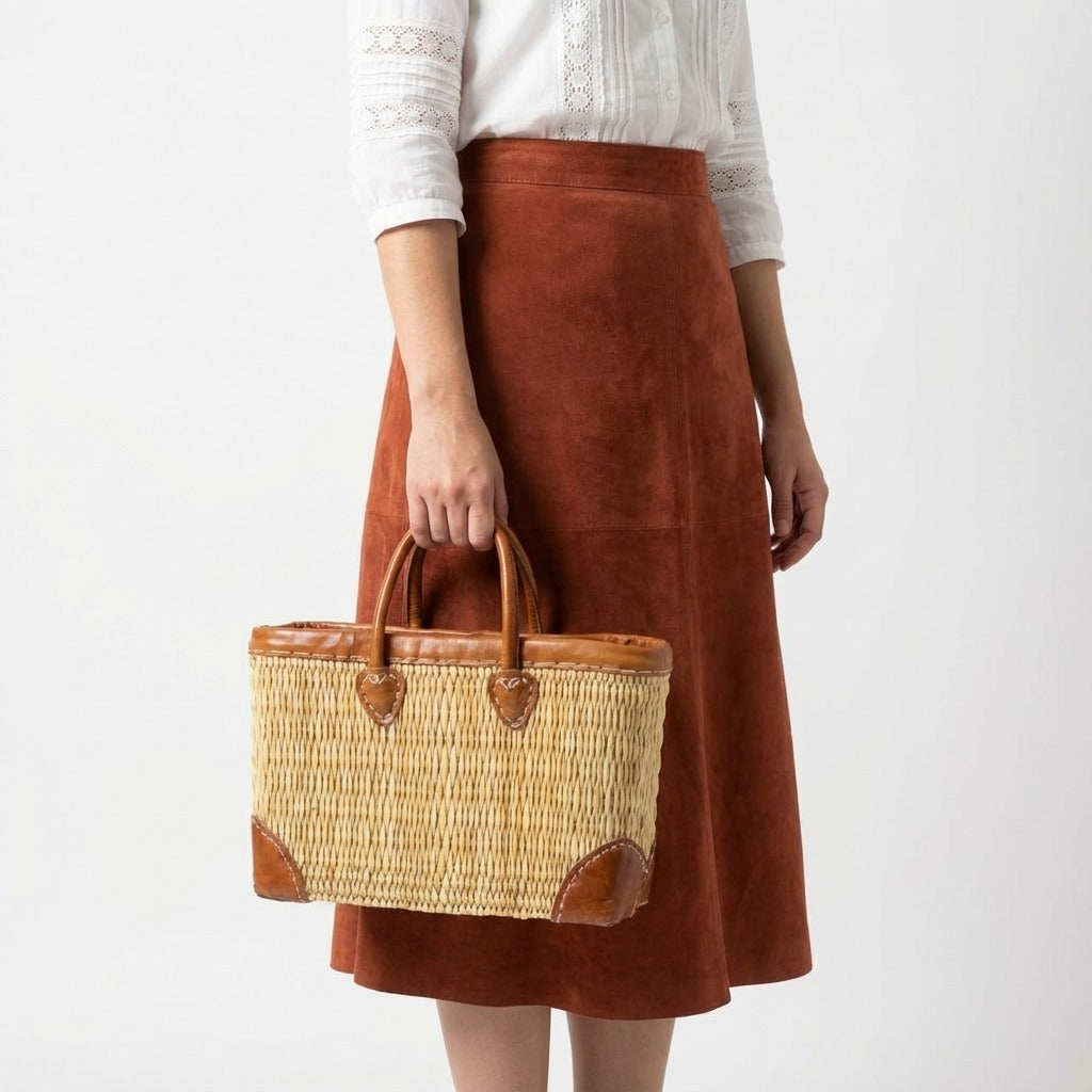 French Market Basket with Leather Handles - Woven Straw Tote Bag
