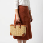 French Market Basket with Leather Handles - Woven Straw Tote Bag