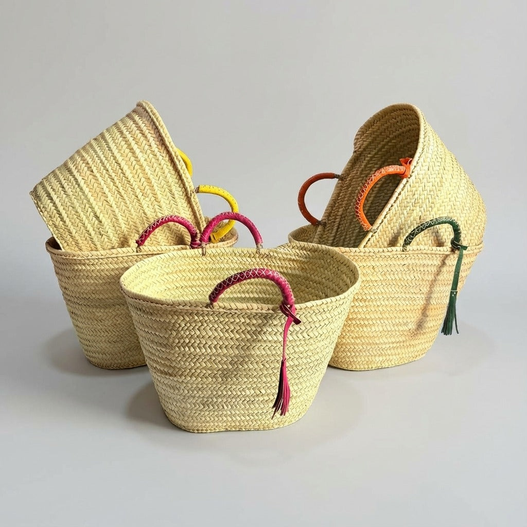 Woven Palm Leaf Market Basket Leather Handles Tassel