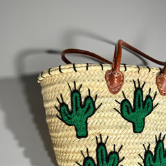Embroidered Cactus Straw Tote Bag with Leather Handles - Summer Beach & Market Carryall