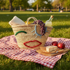 Woven Straw Market Tote Bag with Embroidered Winking Face Design