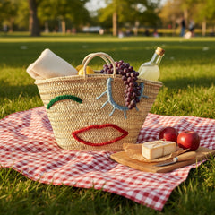 Woven Straw Market Tote - Embroidered Winking Face Bag