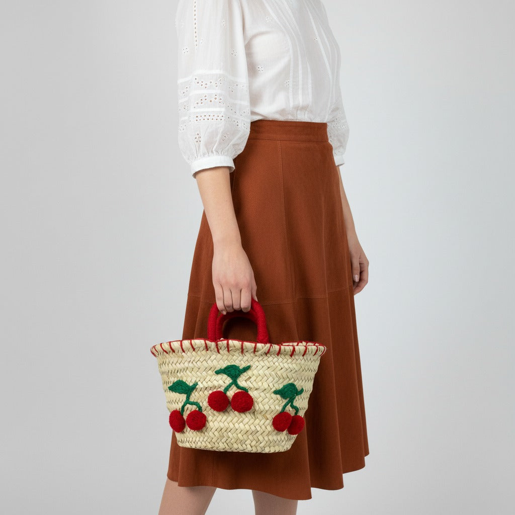 Woven Straw Cherry Basket Tote Bag with Red Pom Pom Details