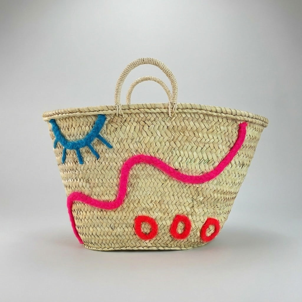 Embroidered Straw Beach Bag - Boho Abstract Market Tote