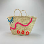 Embroidered Straw Tote Bag Woven Market Basket with Eye & Wave Design