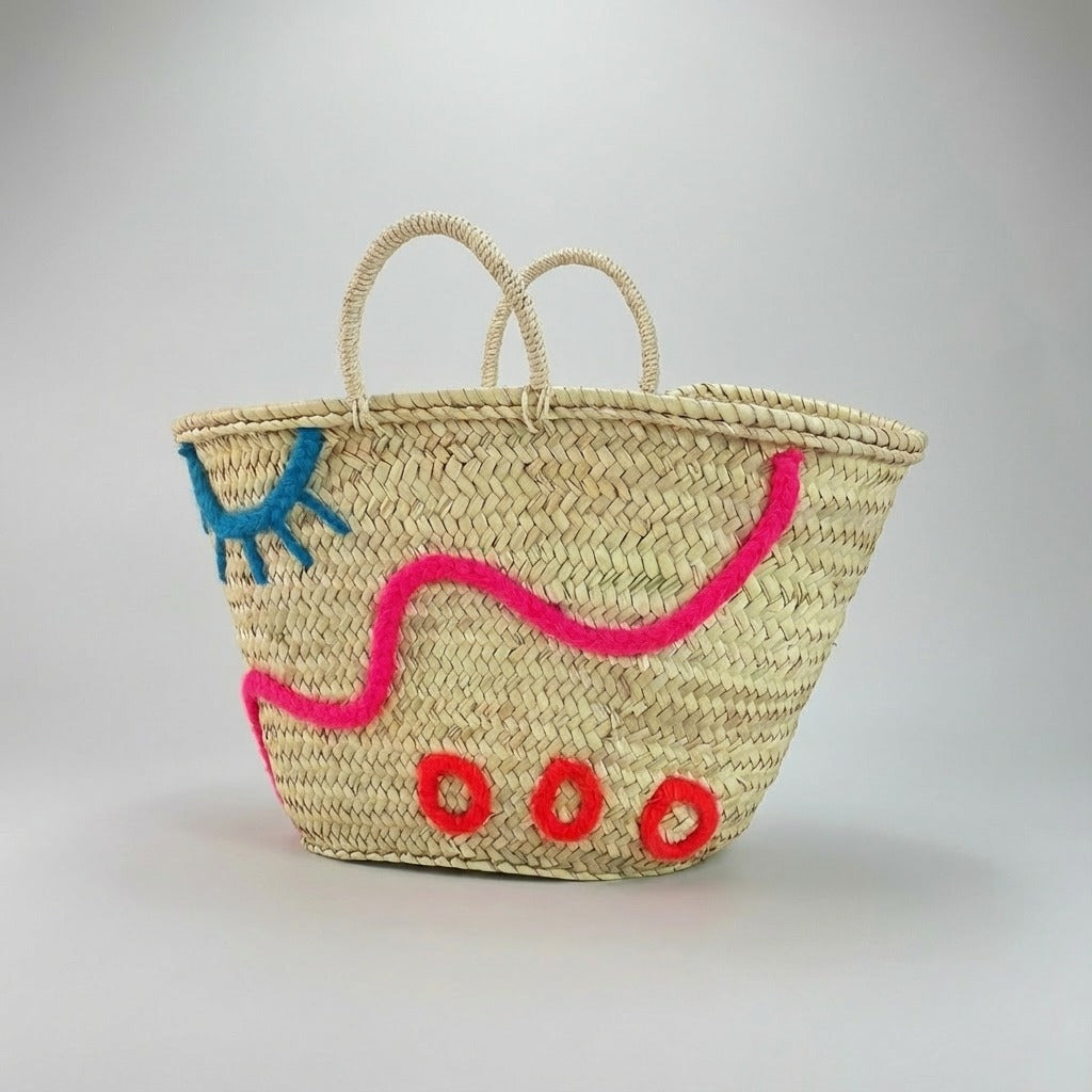 Embroidered Straw Tote Bag Woven Market Basket with Eye & Wave Design