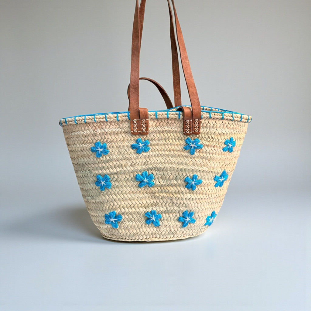 Embroidered Straw Tote Bag Floral Market Basket Leather Handles
