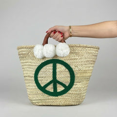 Woven Straw Peace Sign Tote Bag Green Leather Handle