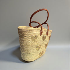 Gold Glitter Heart Straw Tote Bag with Leather Handles - Summer Beach Handbag