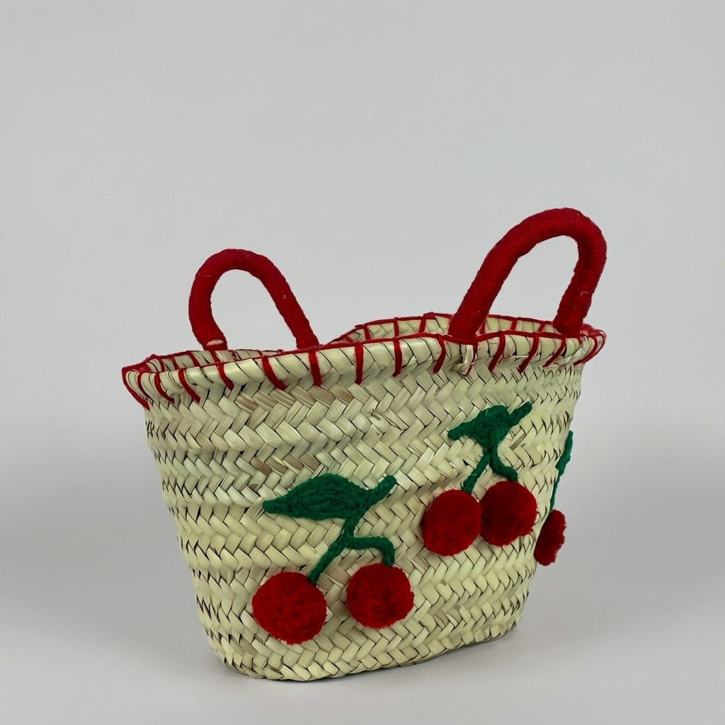 Woven Straw Cherry Basket Tote Bag with Red Pom Pom Details