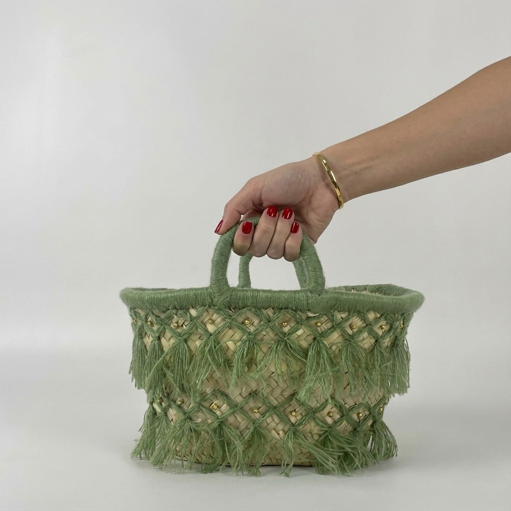 Woven Straw Tote Bag Macrame Fringe Boho Beach Basket