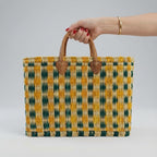 Handmade Reed Market Basket Tote Bag - Orange Green Geometric Pattern