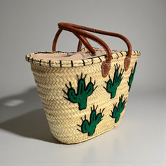 Embroidered Cactus Straw Tote Bag with Leather Handles - Summer Beach & Market Carryall