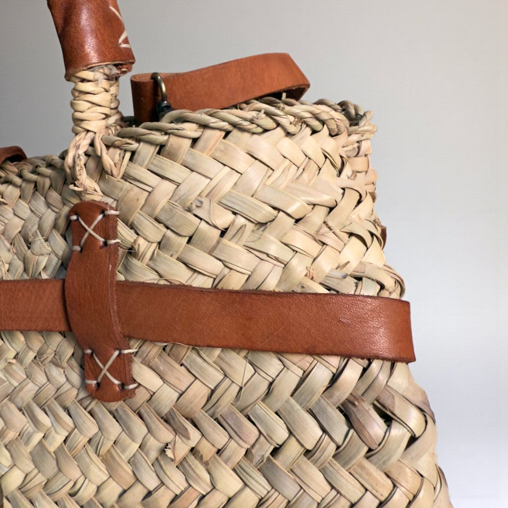 Woven Straw Tote Bag with Leather Handles & Strap - Summer Basket