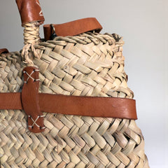 Woven Straw Market Basket Bag Leather Crossbody Tote