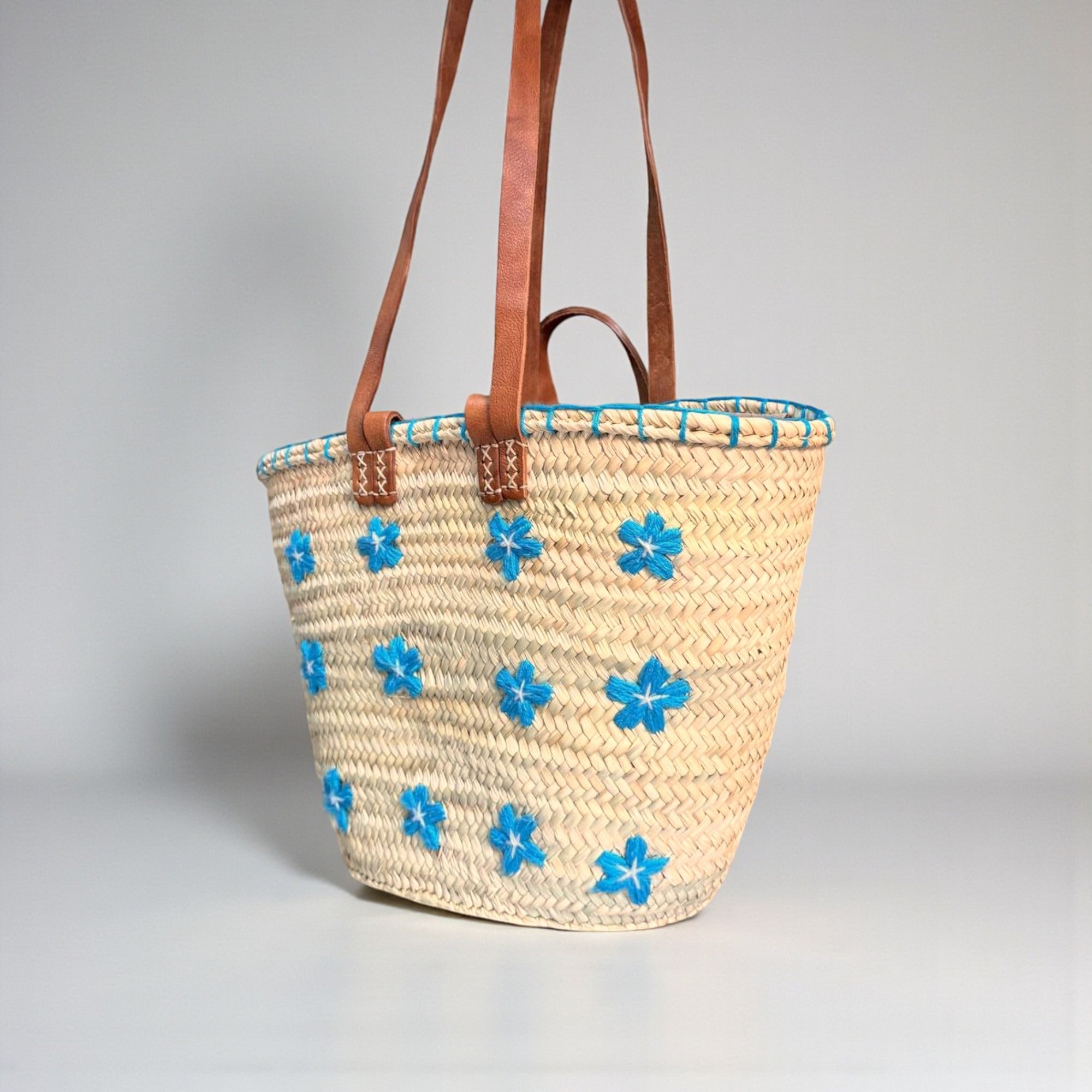 Floral Embroidered Straw Beach Bag with Leather Handles