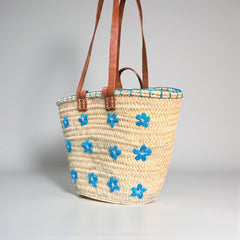 Floral Embroidered Straw Beach Bag with Leather Handles