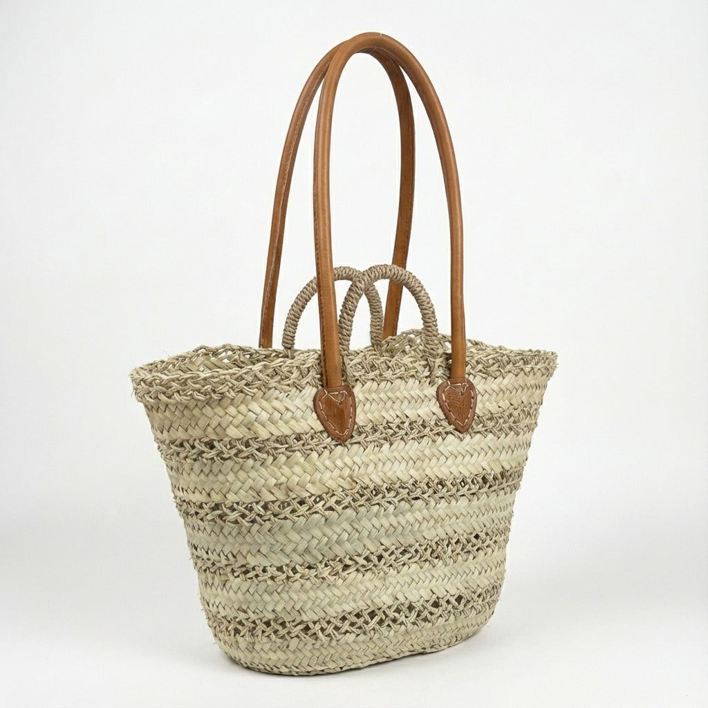 French Market Basket with Double Leather Handles - Woven Straw Tote