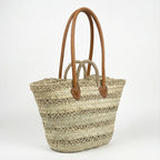French Market Basket with Double Leather Handles - Woven Straw Tote