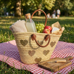 Gold Glitter Heart Straw Tote Bag with Leather Handles - Summer Beach Handbag