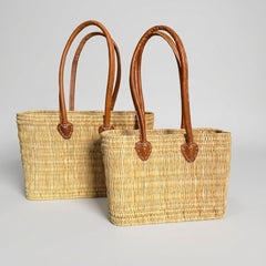 Classic Straw Basket Bag - Tote with Genuine Leather Handles
