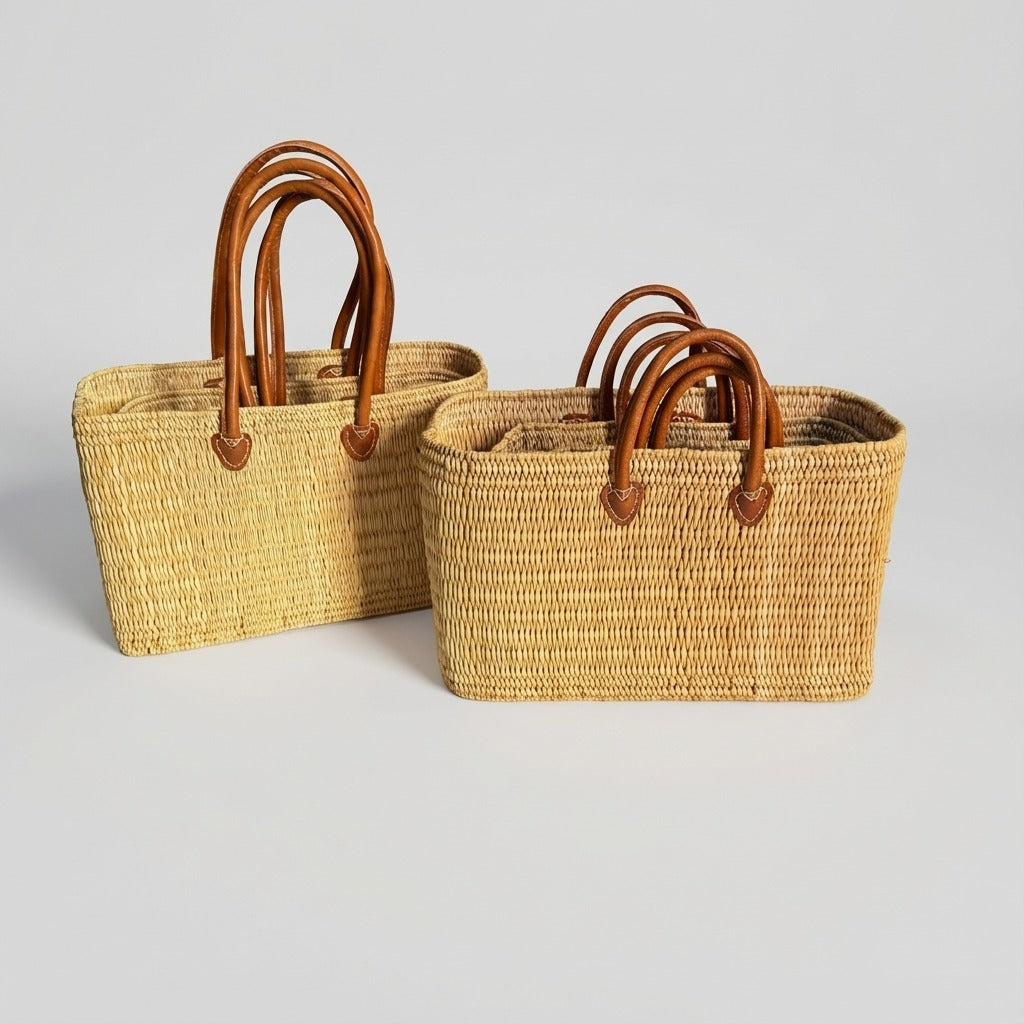 Rectangular Straw Market Bag with Leather Handles - Woven Beach Tote