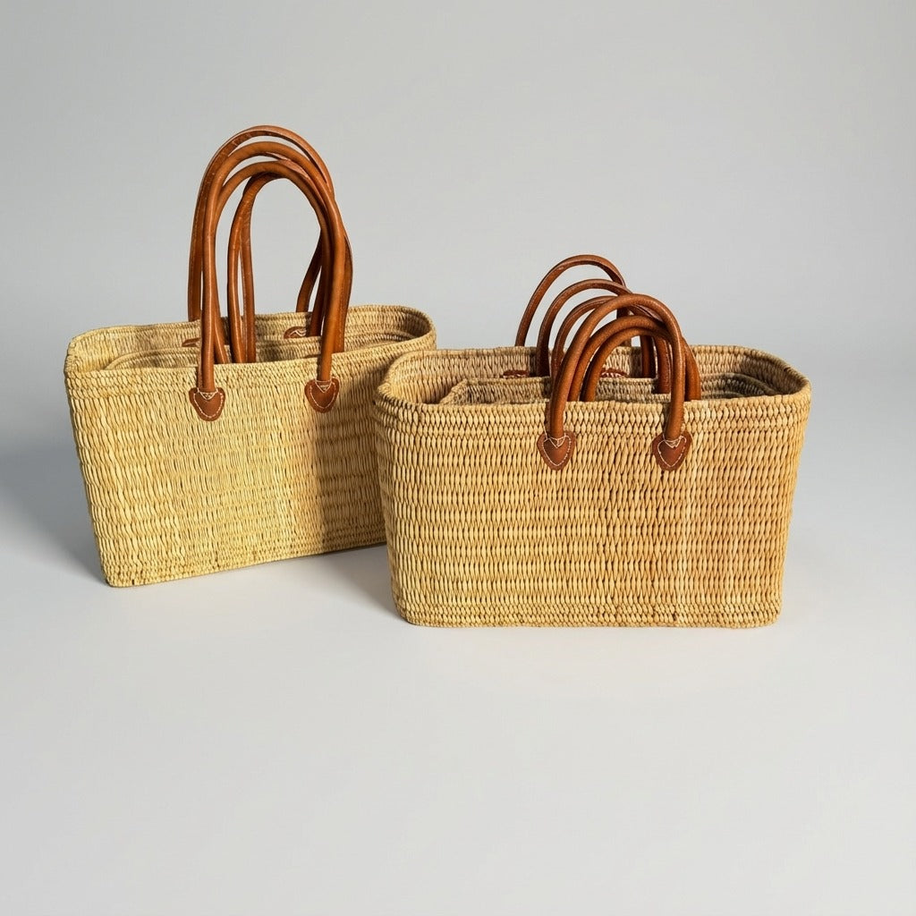 Classic Straw Basket Bag - Tote with Genuine Leather Handles