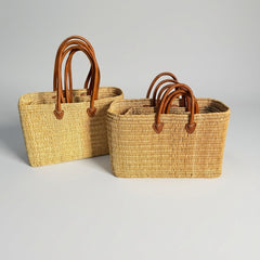 Classic Straw Basket Bag - Tote with Genuine Leather Handles