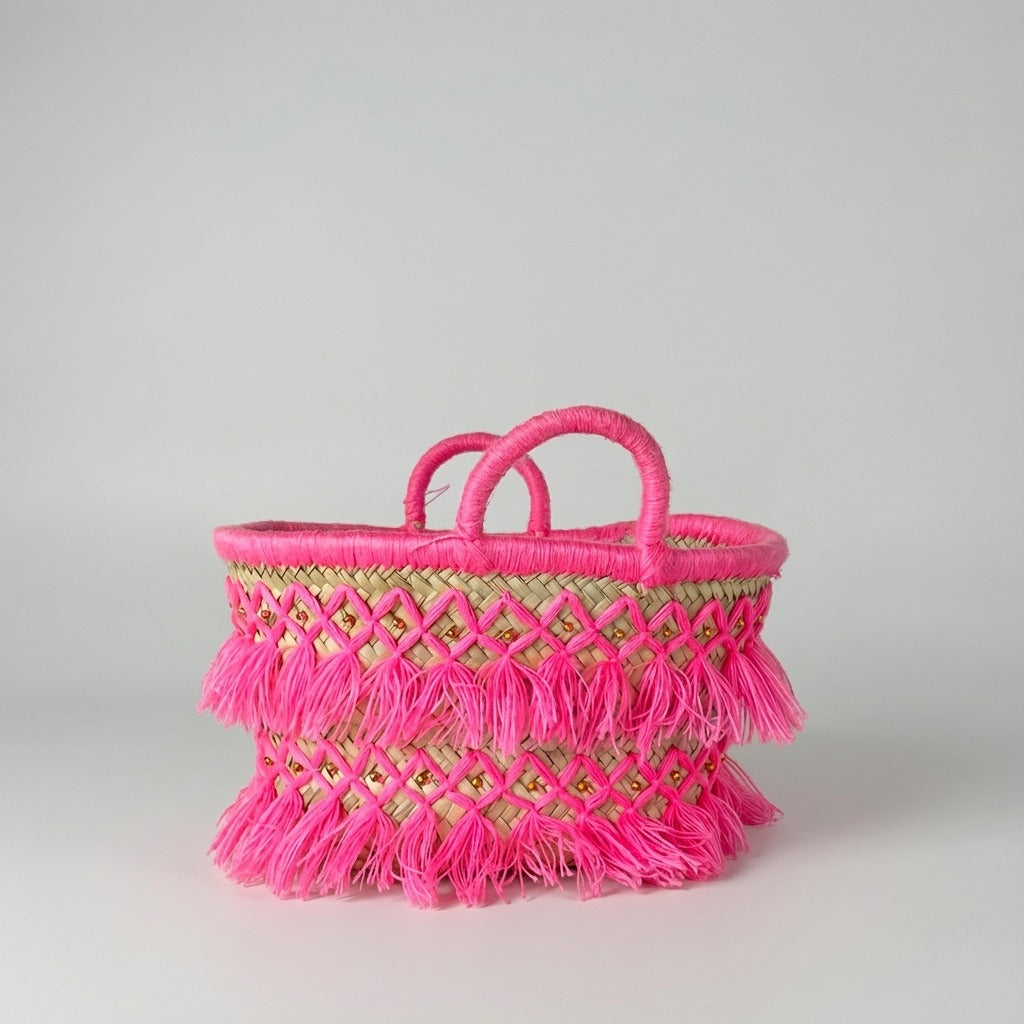 Woven Straw Tote Bag Macrame Fringe Boho Beach Basket