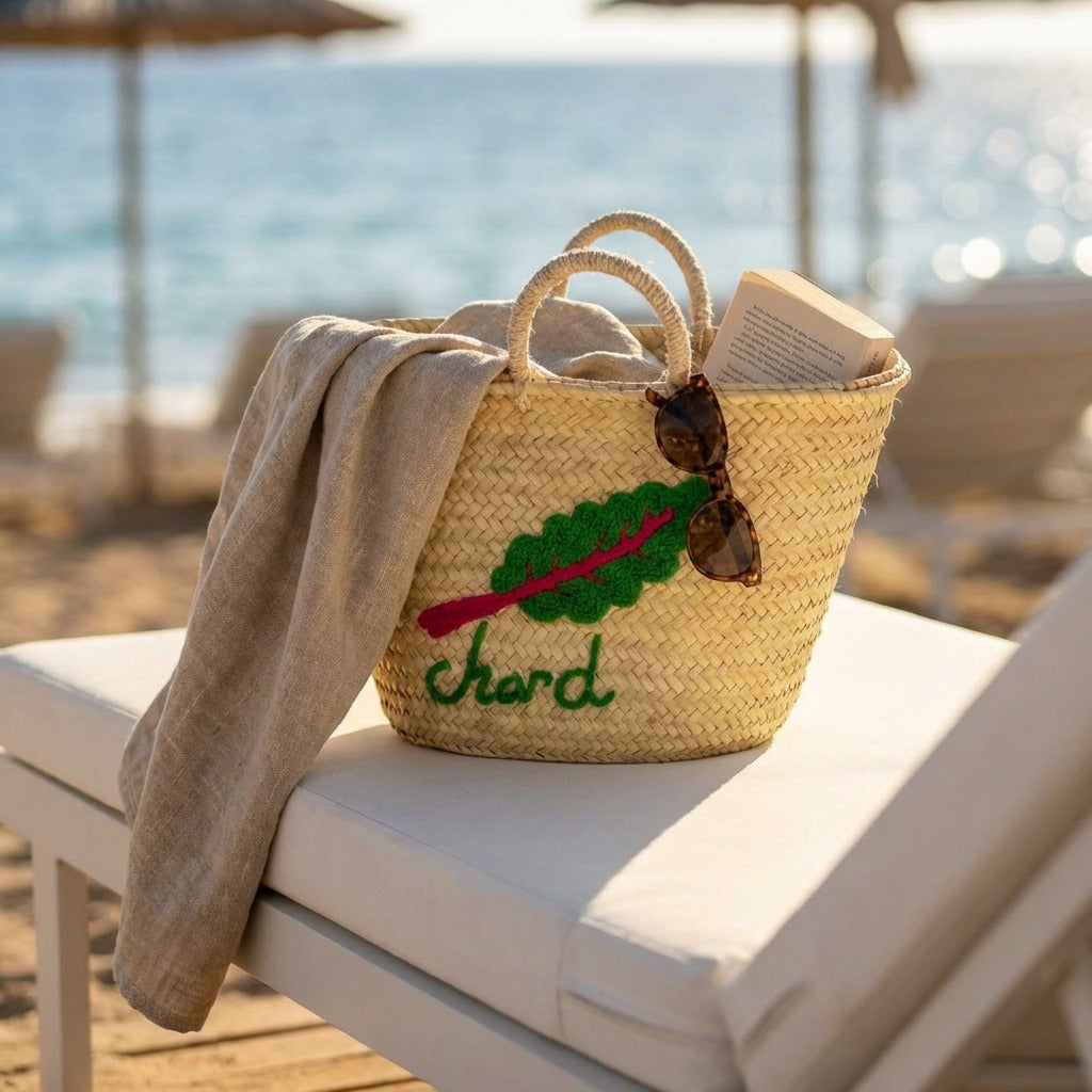 Embroidered Chard Straw Market Basket - Handwoven French Style Tote