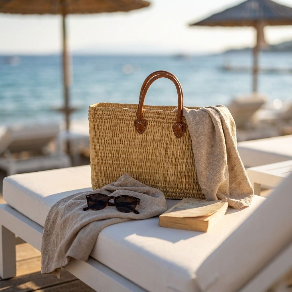 Rectangular Straw Market Bag with Leather Handles - Woven Beach Tote