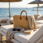 Rectangular Straw Market Bag with Leather Handles - Woven Beach Tote