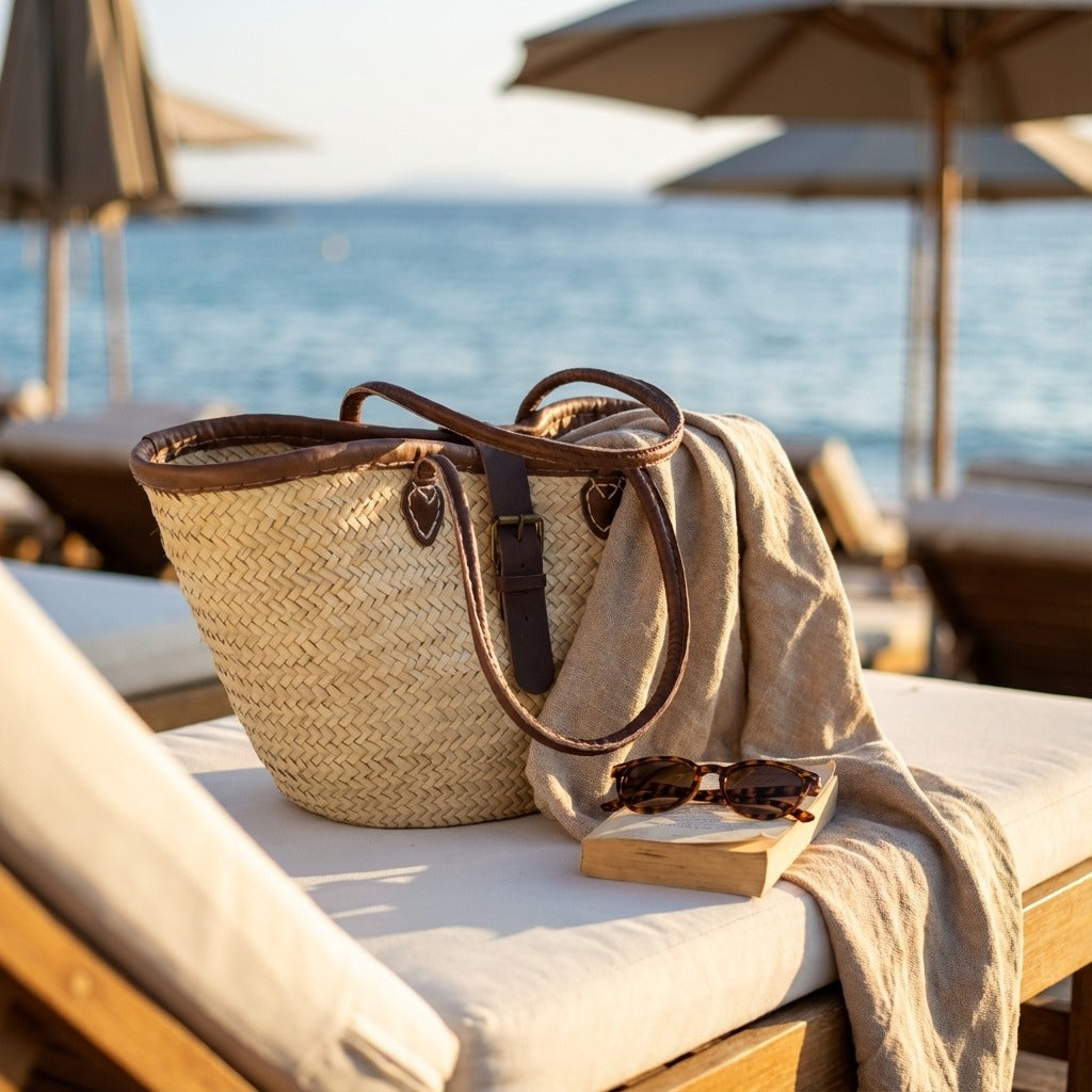 French Market Basket Straw Tote Bag with Leather Handles & Buckle Strap