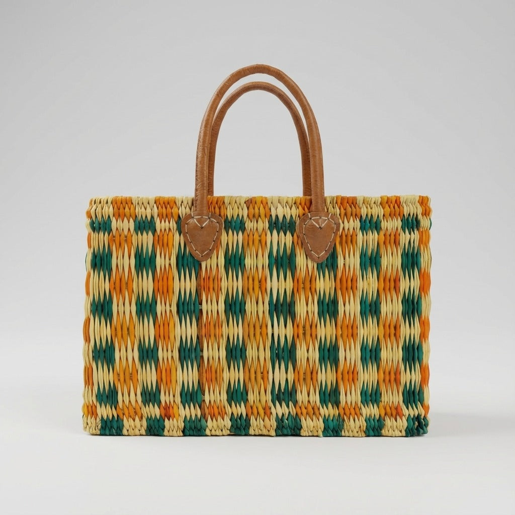 Handmade Reed Market Basket Tote Bag - Orange Green Geometric Pattern