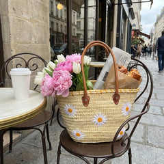 Daisy Embroidered Straw Beach Bag - Summer Woven Tote