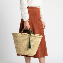 Woven Palm Leaf Market Basket Leather Handles Tassel