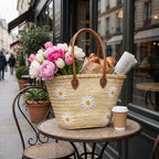 Daisy Embroidered Straw Tote Bag - Woven Summer Beach Basket