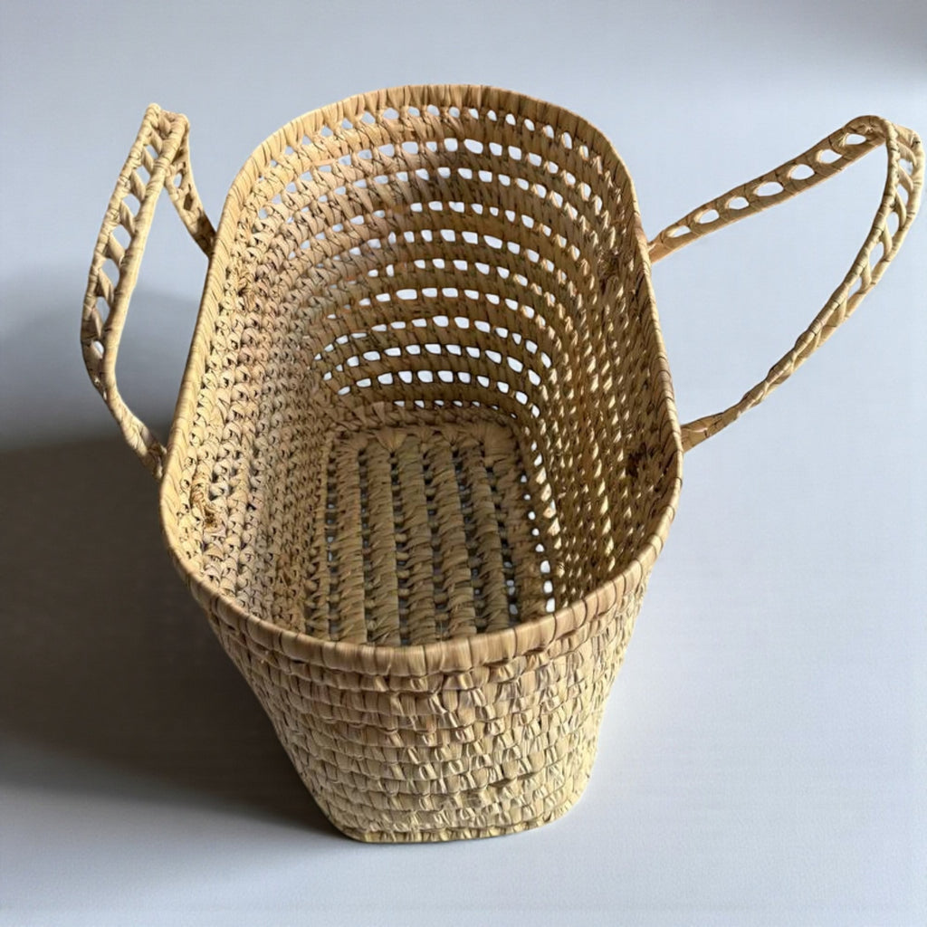 Open Weave Straw Market Basket - Natural Palm Leaf Storage Tote
