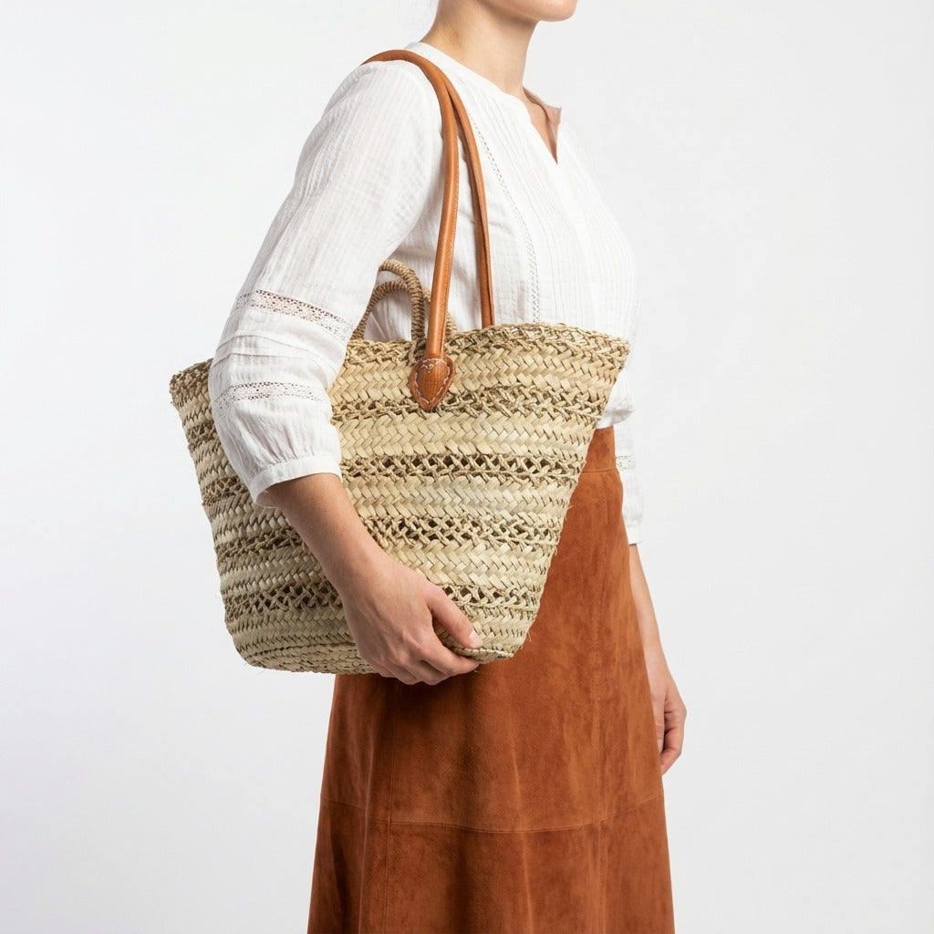 French Market Basket with Double Leather Handles - Woven Straw Tote