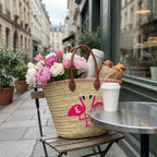 Flamingo Straw Tote Bag, Embroidered Summer Beach Basket Leather Handles