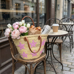 Pink Star Embroidered Straw Tote Bag - Summer Beach & Market Carryall