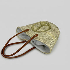 Sequin Peace Sign Straw Market Tote Bag Leather Handles